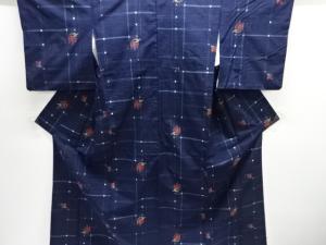 格子に蝶模様織り出し手織り紬着物